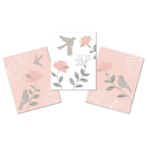 Petals Pink/Gray/White Floral/Birds Unframed Wall Art 3p