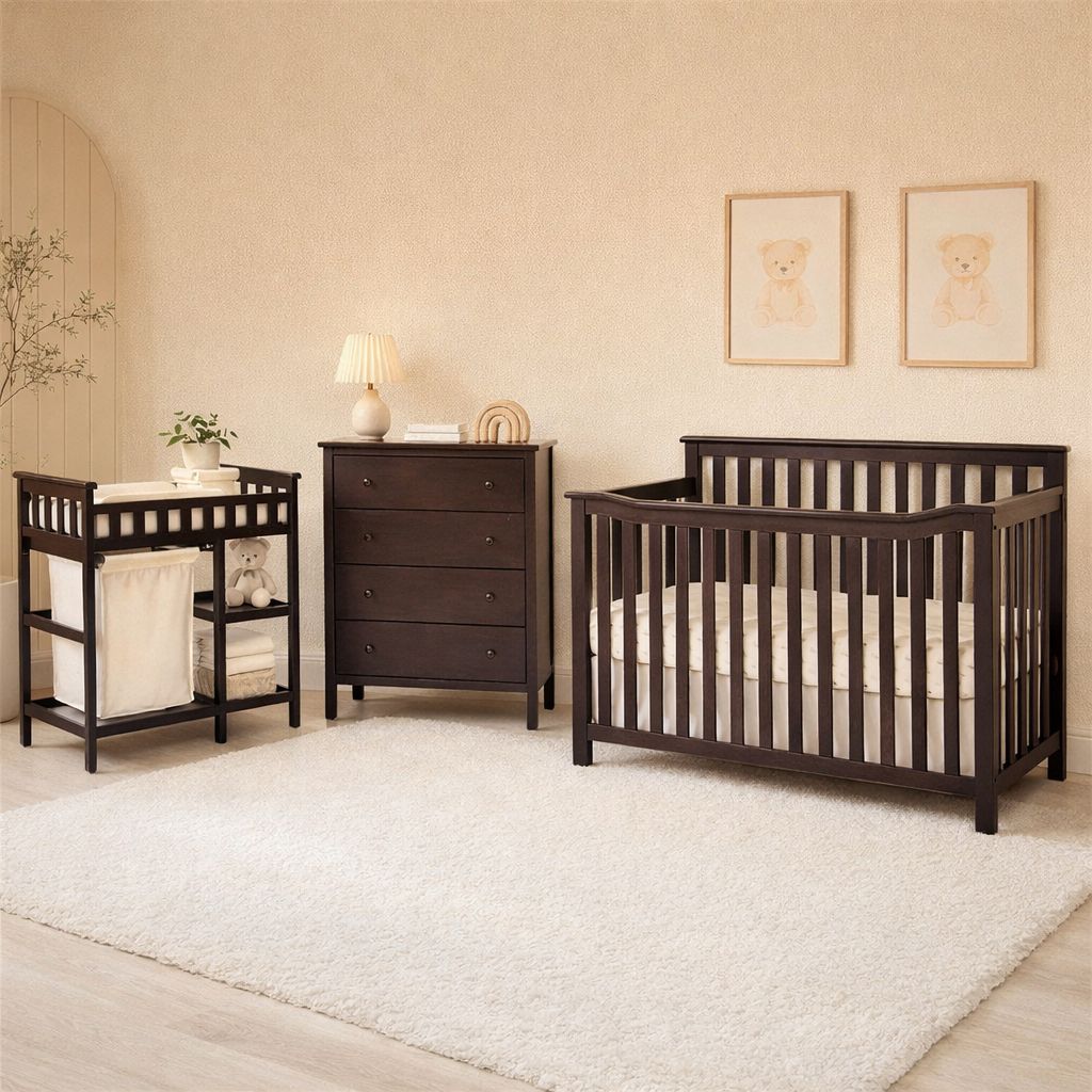 Palisades Espreso, 3-Pieces Convertible crib, chest, and changing table with built-in hamper.