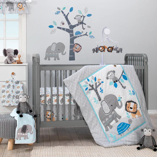 Jungle Fun Gray/Blue/White Elephant, Lion and Monkey 3-Piece Baby Nursery Crib Bedding Set