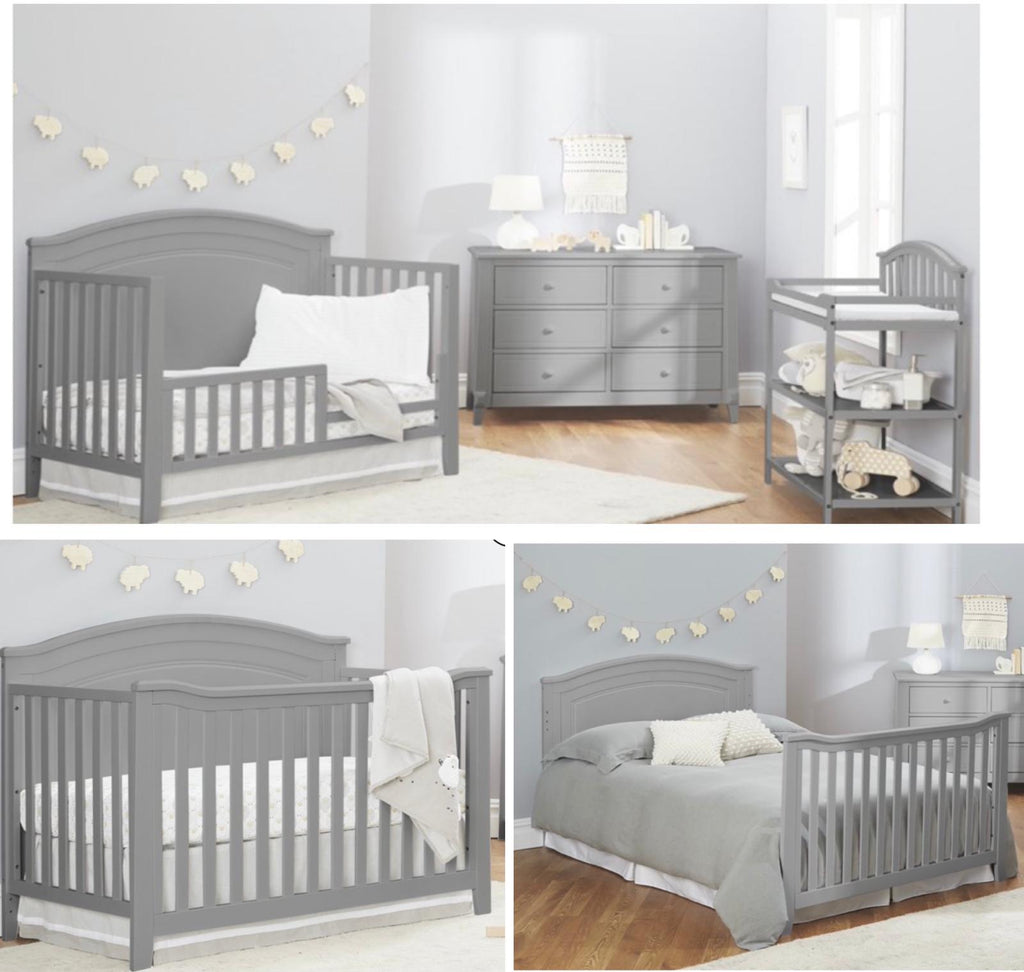 Grey crib and dresser best sale